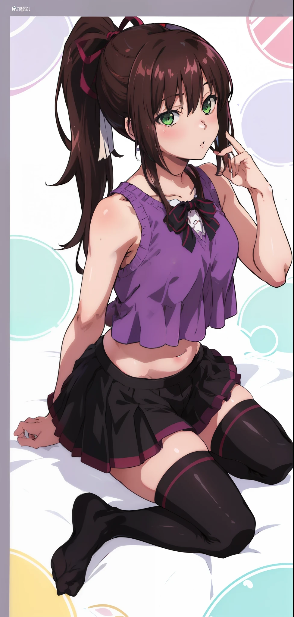 (masterpiece, best quality:1.2), 1girl, 独奏,standing_split, 
yuuki mikan, long hair，black sleeveless short vest，pink skirt，black