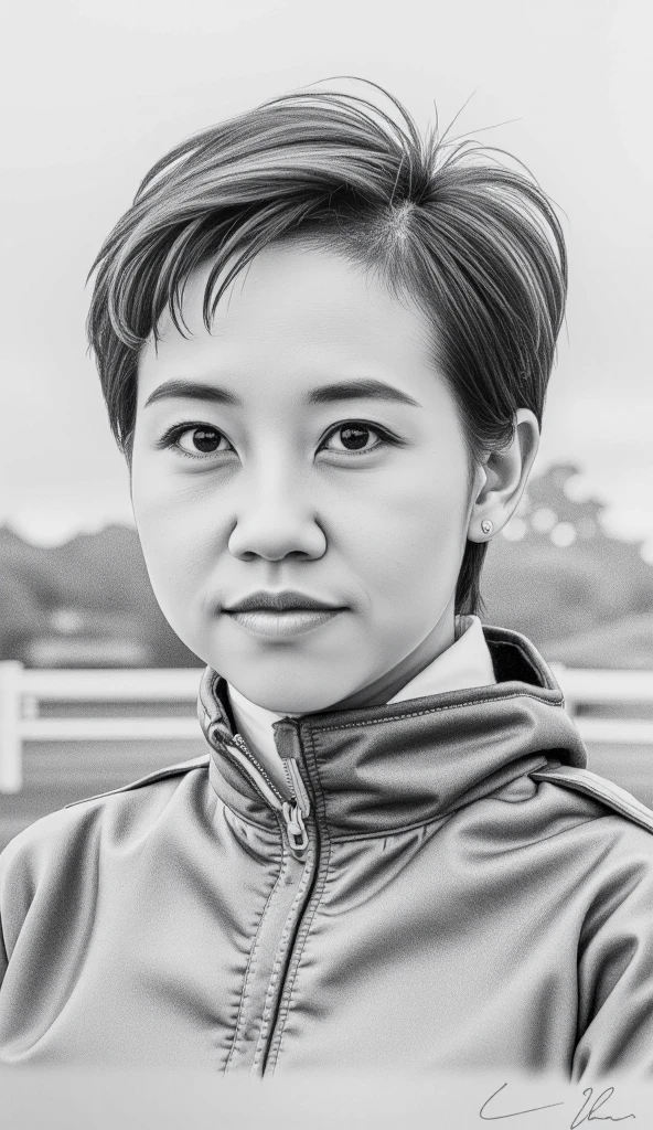 A pencil drawing of jockey Manami Nagashima that looks very similar to her. short hair.