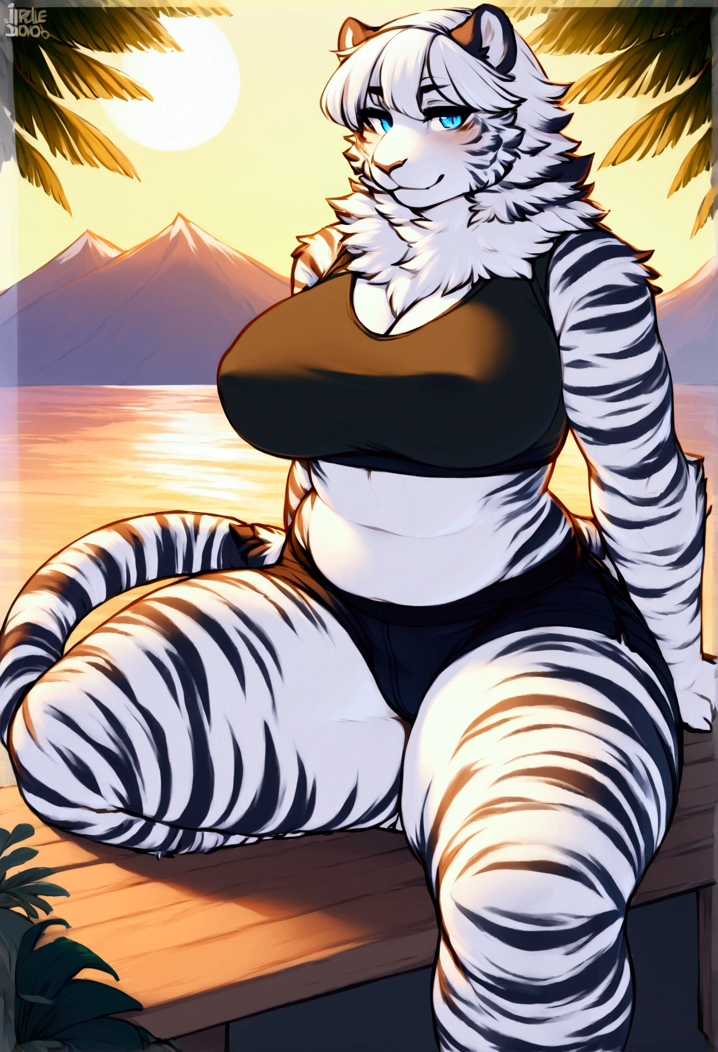 (top quality, best quality, Iriedono, High-quality illustrations, masterpiece, perfect artwork, cinematic light and shading, 16k, 1080p, uploaded on e621)(kemono, furry, anthro, alone), 1 larger female, (very detailed body, face, tail, arms, hands, legs, head and eyes), white tiger, Mountain, (Arknights), thick thighs, sligtly chubby body, big breasts, white fur, fluffy, white tiger ears, white tiger fluffy tail, perfect eyes, blue eyes, beautiful sport crop top, beautiful sport boxers, beautiful night on island, body movement, body twitching, jiggle physics, small smile, being proud to be sligtly chubby, flirting with viewer, looking at viewer