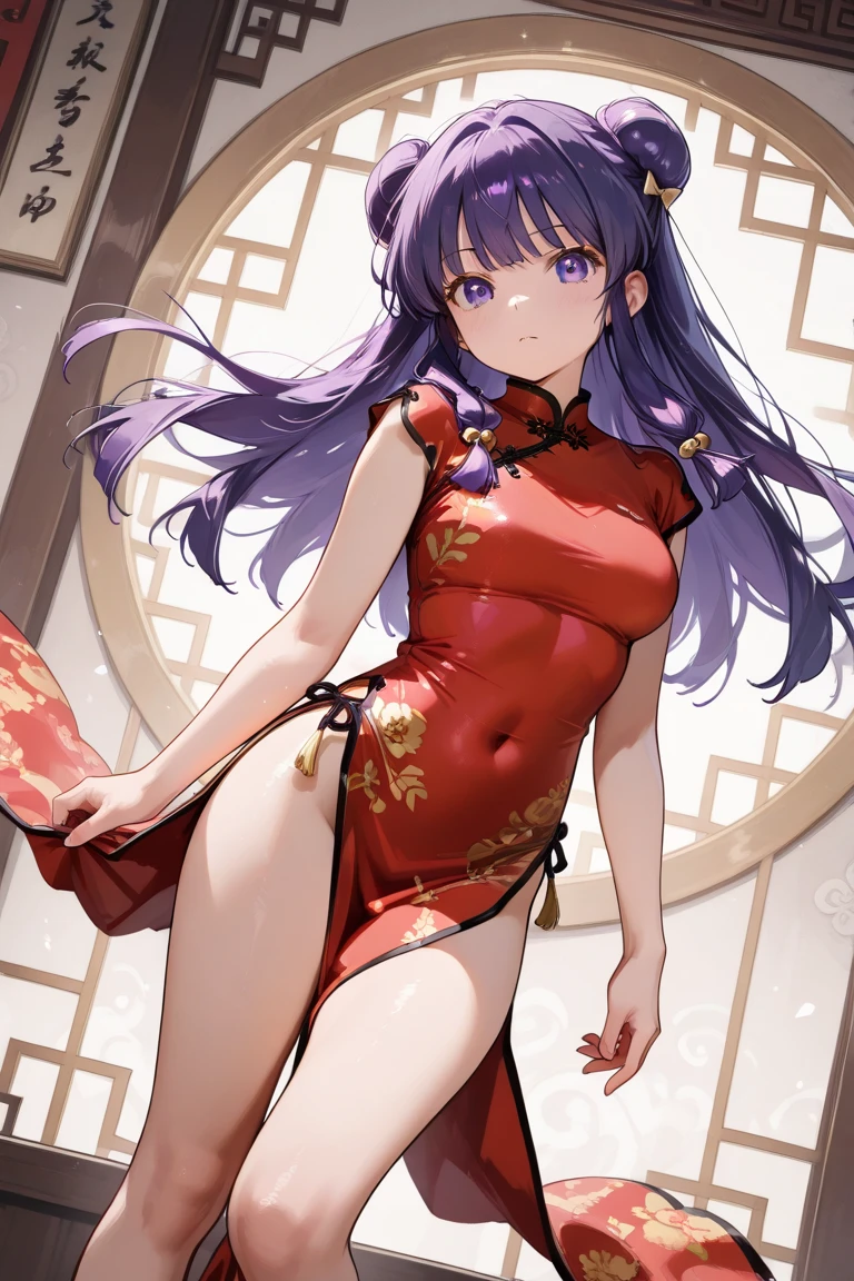 A highly detailed and high resolution image of "Shampoo" [from Ranma 1/2]; Chinese girl with long purple hair and twin buns; cute, hair ornament; a ((red)) Chinese red qipao (red cheongsam) (紅長衫) dress, purple eyes; bare arms; Bare legs; she is serving food inside of a busy Chinese restaurant in the background; break: quality\(8k,wallpaper of extremely detailed CG unit, high resolution, top-quality, top-quality real texture skin, hyper realistic, increase the resolution, RAW photos, best quality, highly detailed, the wallpaper, golden ratio, high saturation realism, vibrant colors, dramatic lighting, persuasive storytelling, atmospheric scenery, captivating visuals, intricate details, strong emotions, dreamlike world\),(dynamic angle:1.4)