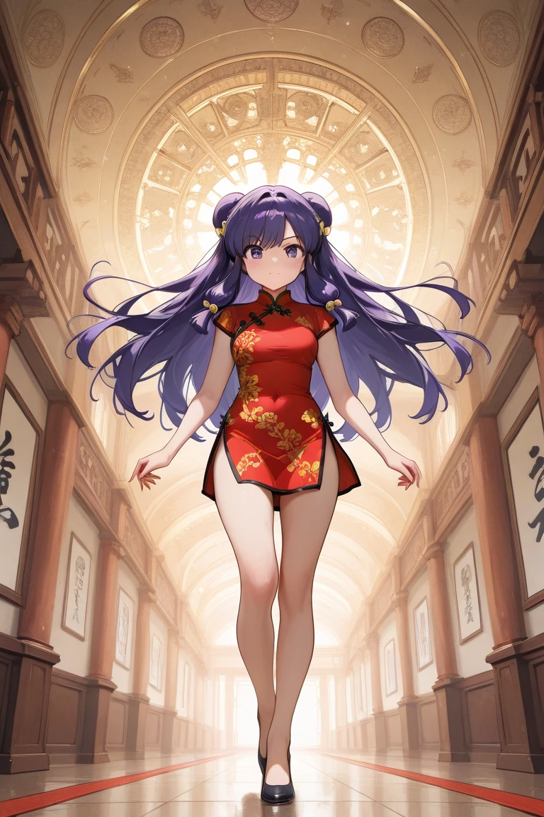 A highly detailed and high resolution image of "Shampoo" [from Ranma 1/2]; Chinese girl with long purple hair and twin buns; cute, hair ornament; a ((red)) Chinese red qipao (red cheongsam) (紅長衫) dress, purple eyes; bare arms; Bare legs; she is serving food inside of a busy Chinese restaurant in the background; break: quality\(8k,wallpaper of extremely detailed CG unit, high resolution, top-quality, top-quality real texture skin, hyper realistic, increase the resolution, RAW photos, best quality, highly detailed, the wallpaper, golden ratio, high saturation realism, vibrant colors, dramatic lighting, persuasive storytelling, atmospheric scenery, captivating visuals, intricate details, strong emotions, dreamlike world\),(dynamic angle:1.4)