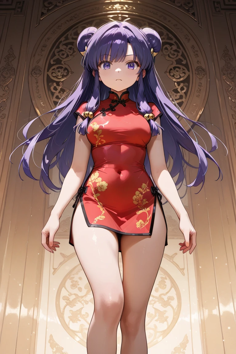 A highly detailed and high resolution image of "Shampoo" [from Ranma 1/2]; Chinese girl with long purple hair and twin buns; cute, hair ornament; a ((red)) Chinese red qipao (red cheongsam) (紅長衫) dress, purple eyes; bare arms; Bare legs; she is serving food inside of a busy Chinese restaurant in the background; break: quality\(8k,wallpaper of extremely detailed CG unit, high resolution, top-quality, top-quality real texture skin, hyper realistic, increase the resolution, RAW photos, best quality, highly detailed, the wallpaper, golden ratio, high saturation realism, vibrant colors, dramatic lighting, persuasive storytelling, atmospheric scenery, captivating visuals, intricate details, strong emotions, dreamlike world\),(dynamic angle:1.4)