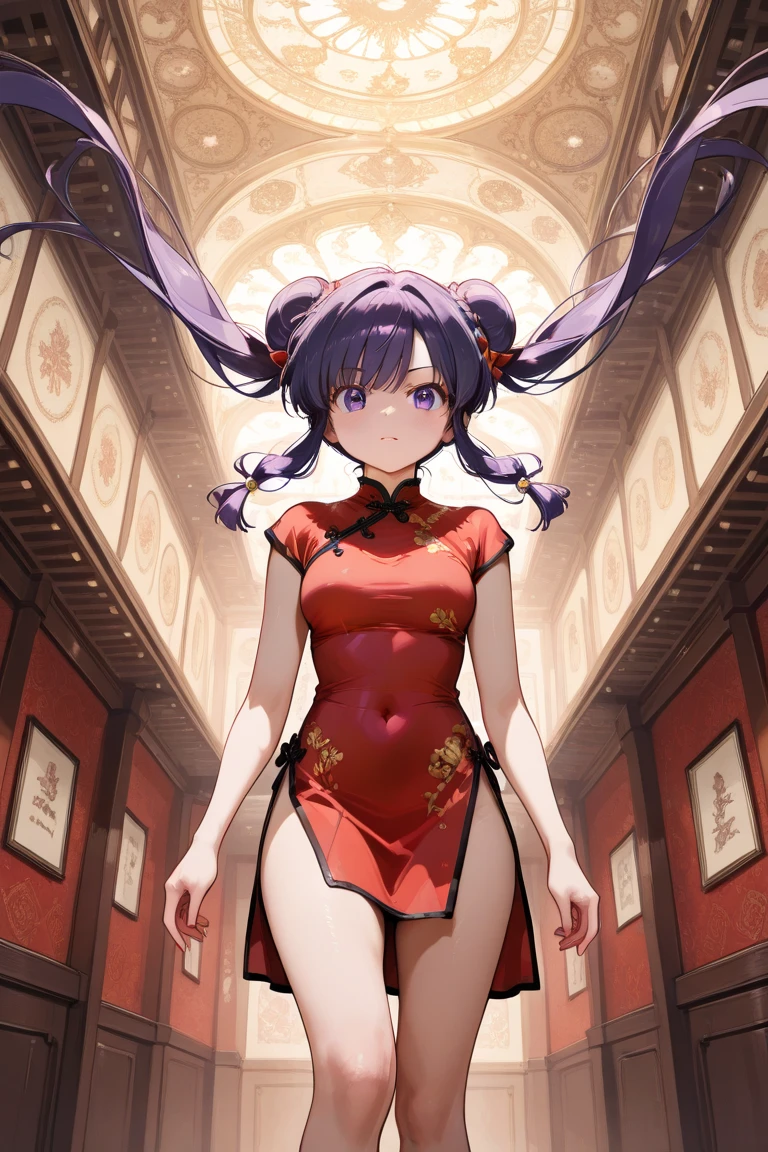 A highly detailed and high resolution image of "Shampoo" [from Ranma 1/2]; Chinese girl with long purple hair and twin buns; cute, hair ornament; a ((red)) Chinese red qipao (red cheongsam) (紅長衫) dress, purple eyes; bare arms; Bare legs; she is serving food inside of a busy Chinese restaurant in the background; break: quality\(8k,wallpaper of extremely detailed CG unit, high resolution, top-quality, top-quality real texture skin, hyper realistic, increase the resolution, RAW photos, best quality, highly detailed, the wallpaper, golden ratio, high saturation realism, vibrant colors, dramatic lighting, persuasive storytelling, atmospheric scenery, captivating visuals, intricate details, strong emotions, dreamlike world\),(dynamic angle:1.4)