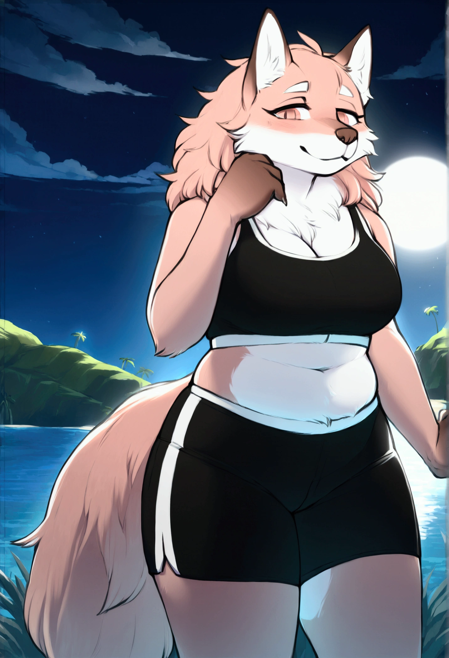 (top quality, best quality, Iriedono, High-quality illustrations, masterpiece, perfect artwork, cinematic light and shading, 16k, 1080p, uploaded on e621)(kemono, furry, anthro, alone), 1 larger female, (very detailed body, face, tail, arms, hands, legs, head and eyes), wolf, Fur, thick thighs, sligtly chubby body, big breasts, pink fur, fluffy, wolf ears, wolf fluffy tail, perfect eyes, pink eyes, beautiful sport crop top, beautiful sport boxers, beautiful night on island, body movement, body twitching, jiggle physics, small smile, being proud to be sligtly chubby, flirting with viewer, looking at viewer