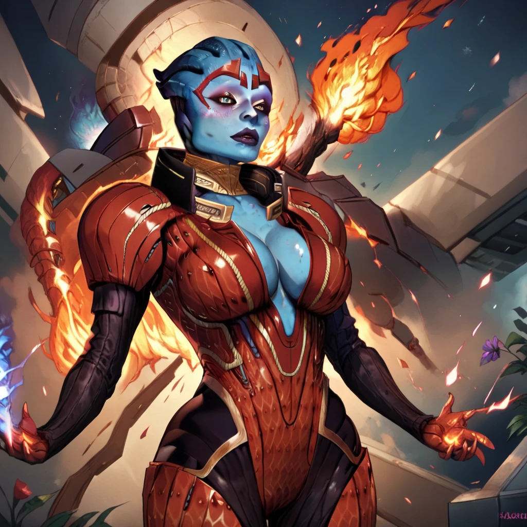 Samara,  Blue skinned girl, 1girls balls, big breasts, biped, breasts, breath powers, clothed, clothing, elemental manipulation, fire, fire manipulation, genitals, blue body, gynomorph, huge breasts, intersex, lips, no underwear, not furry, penis, plant, thick lips, thick thighs, alien girl