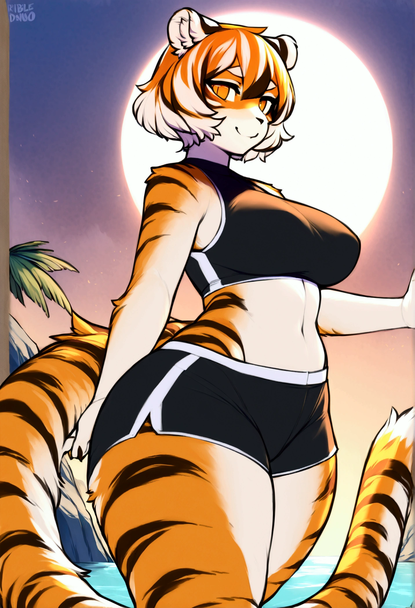Mulher; com aspectos de tigre branco; com dentes afiados; olhos ferozes; forte; com o cabelo chanel; wearing wide Indian pants; wearing multiple chest straps; Anime.