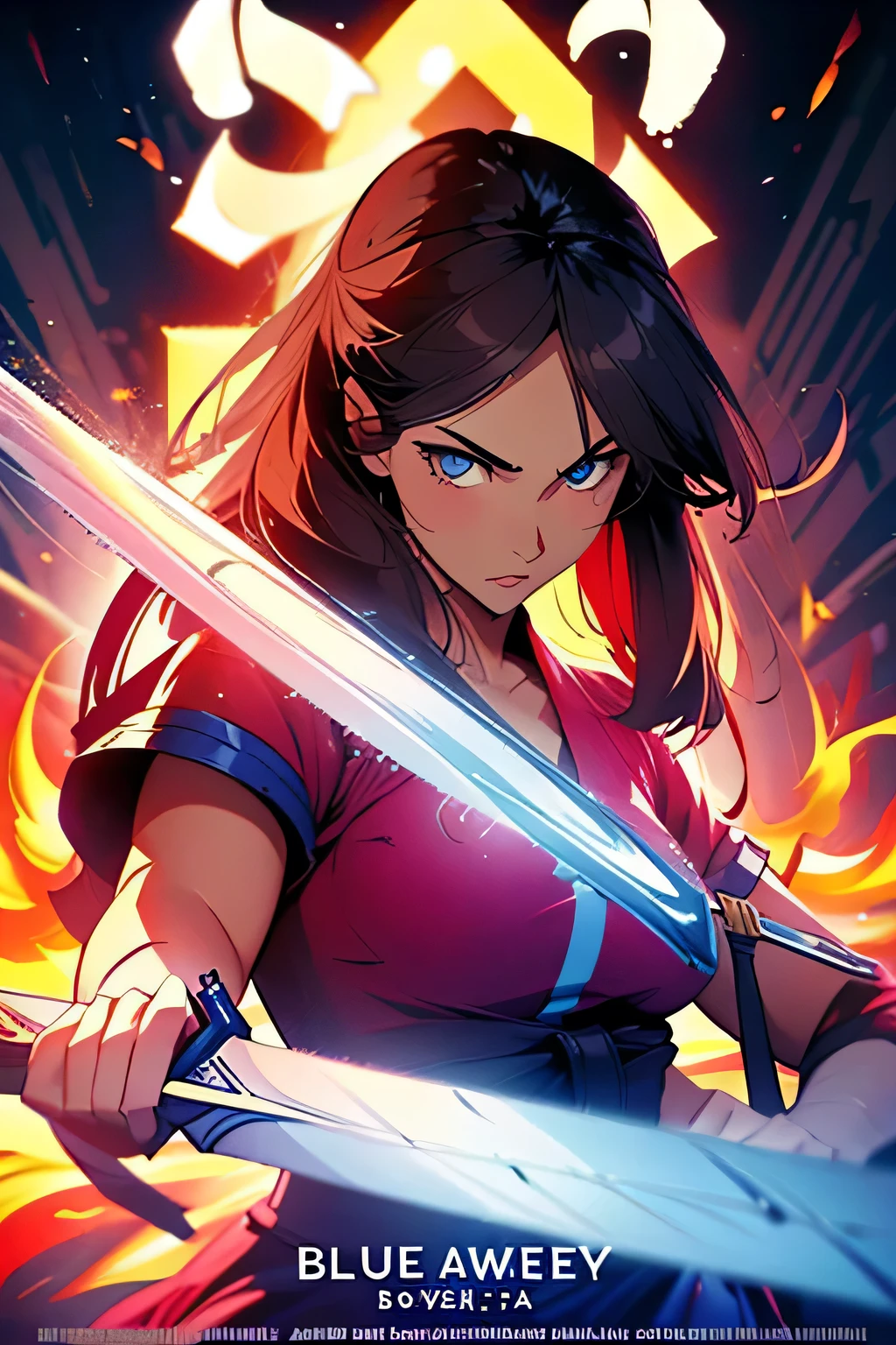 movie poster . Beautiful woman . She is 18 years old . height 180 centimeters . Breast size 3 . blue eyes . brown-haired . She's a karateka . sword in hand . She fights against several men .