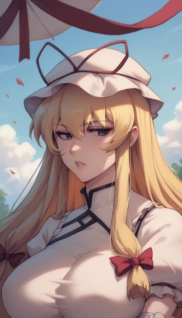 huge_breasts, Days,THYukari, mob cap, long blonde hair, hair ribbon, elbow gloves,
anime coloring