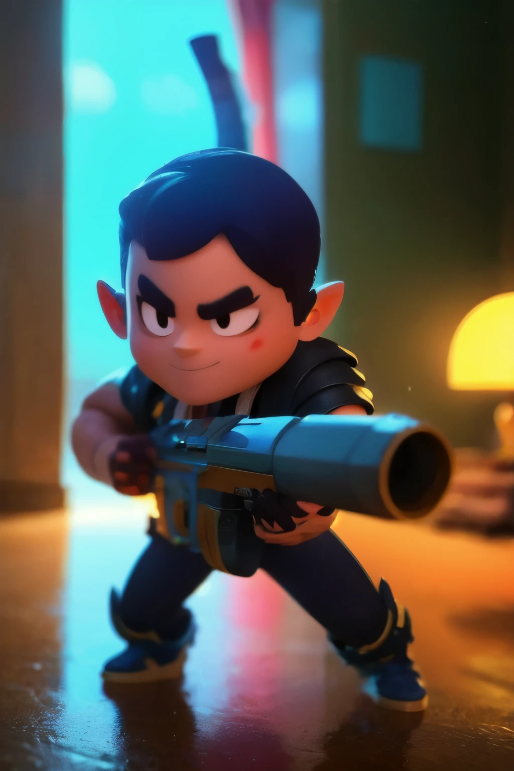 a full body close up of a person holding a gun and a flashlight, ((a young boy, 7yo, wearing cyberpunk armor)) , brawl stars, splash art brawlstars, epic art style, blaster fire bright as neon, game character, in game style 8k, merged character, fortnite art style, stylized character, holding a blaster, slick clammy skin, clash royal style characters, mobile game style, new character