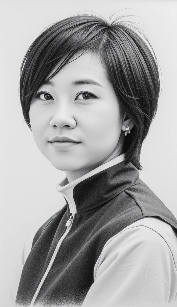 A pencil drawing of jockey Manami Nagashima that looks very similar to her. short hair.