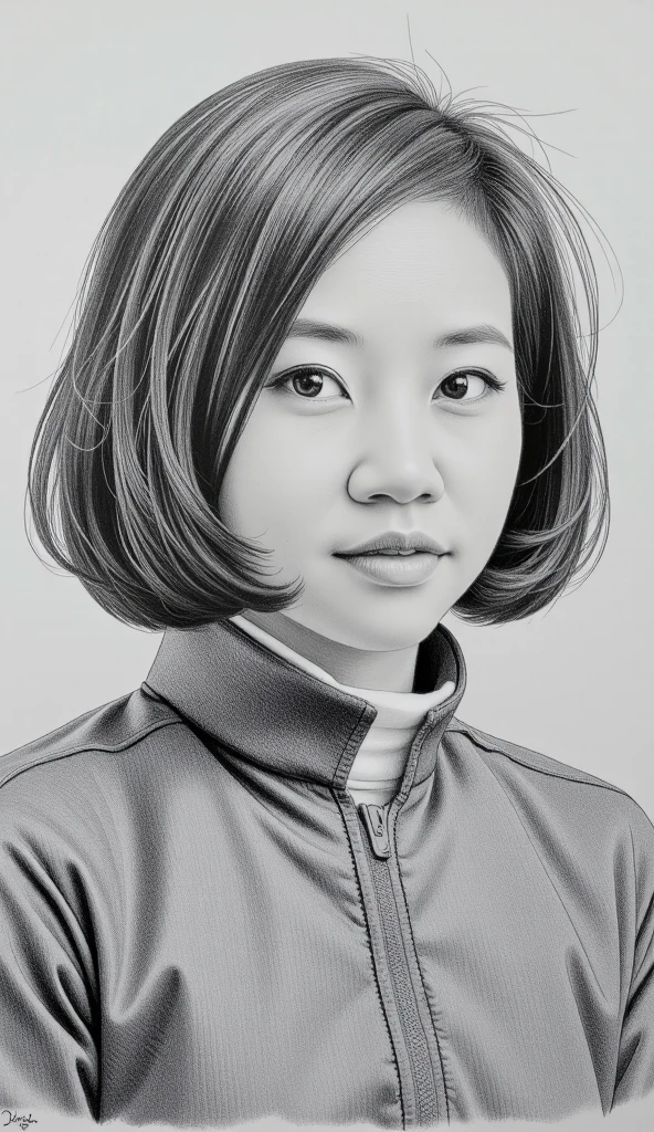 A pencil drawing of jockey Manami Nagashima that looks very similar to her. short hair.