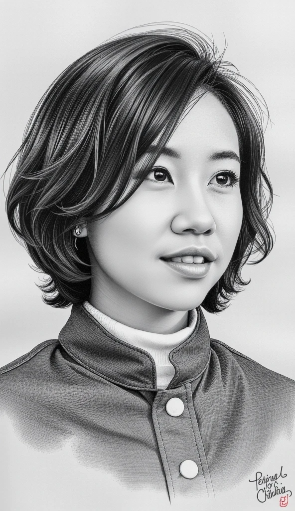 A pencil drawing of jockey Manami Nagashima that looks very similar to her. short hair.