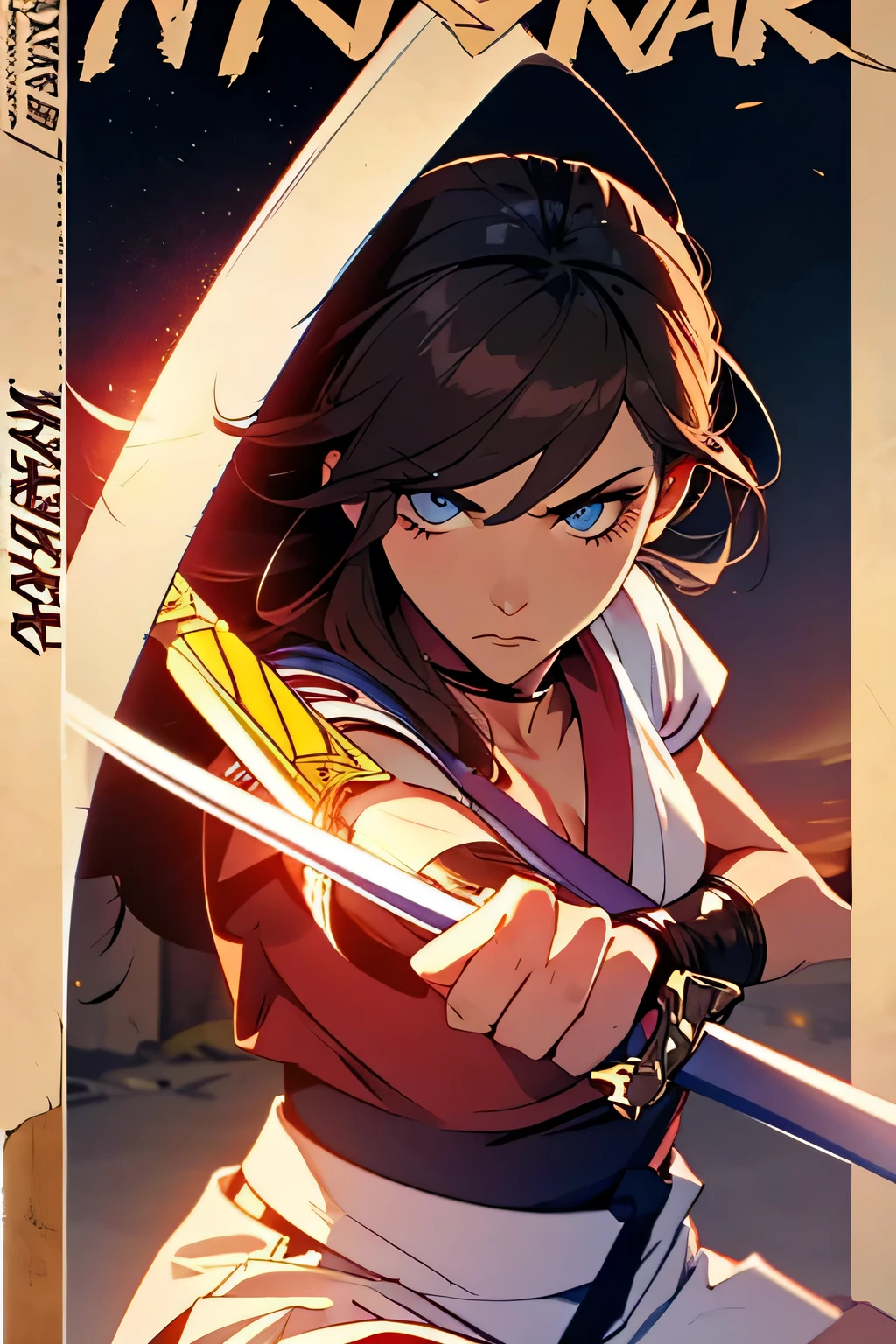 movie poster . Beautiful woman . She is 18 years old . height 180 centimeters . Breast size 3 . blue eyes . brown-haired . She's a karateka . sword in hand . She fights against several men .
