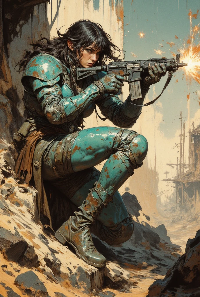 a female space pirate. long messy hair, bangs, sidelocks, battered teal power armour, holding an assault rifle, sheltering behind a wall during a battle in a ruined, dusty city, perfect hands