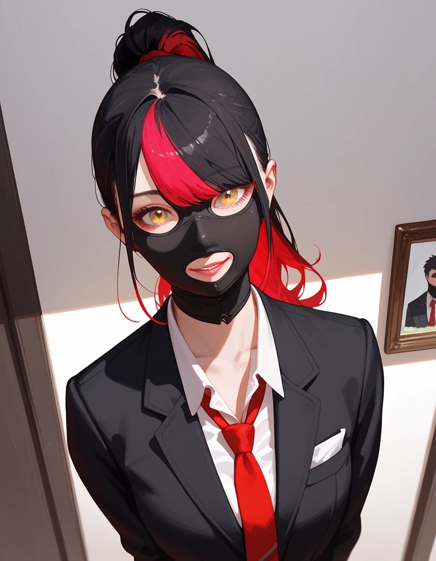 girl,Light pink red hair, in a dark yellow eye.,,Multi-colored hair, black hair,Red hair,ปลาย black hair,Ponytail,cute, chest ,Make a sign face ,Black suit,Breathe ,, put on a black glove ,, tie a tie ,High angle view, chest ใหญ่,cool,Black mask,Picture from a distant angle