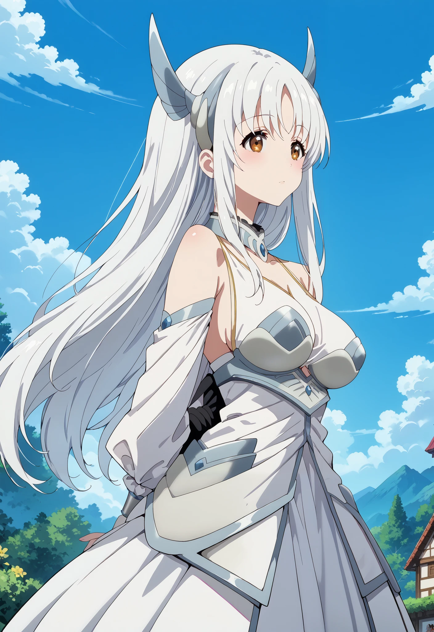 score_9, score_8_up, score_7_up, source_anime, 4K,perfect fingers,(perfect hands, perfect anatomy),
1girl,kaori shirasaki, long hair, large breasts, brown eyes, white hair, anime screencap,,
wearing ((off-shoulder_dress, off_shoulder)),,
defined with very sexy curves, ((arms behind back:1.5)),