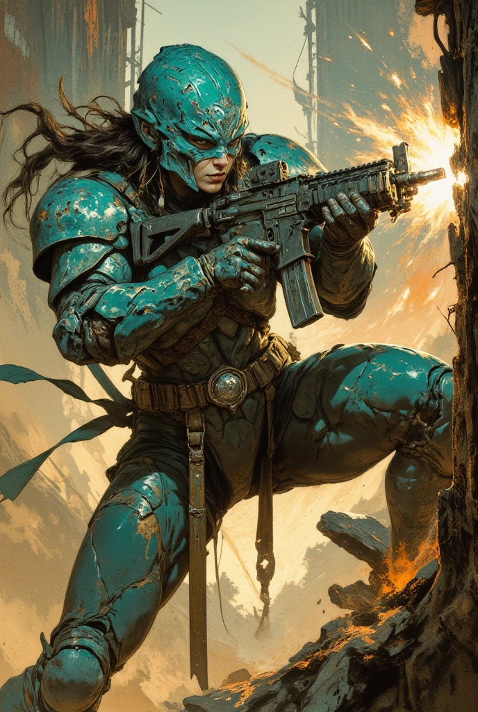 a female space pirate. long messy hair, bangs, sidelocks, battered teal power armour, holding an assault rifle, sheltering behind a wall during a battle in a ruined, dusty city, perfect hands