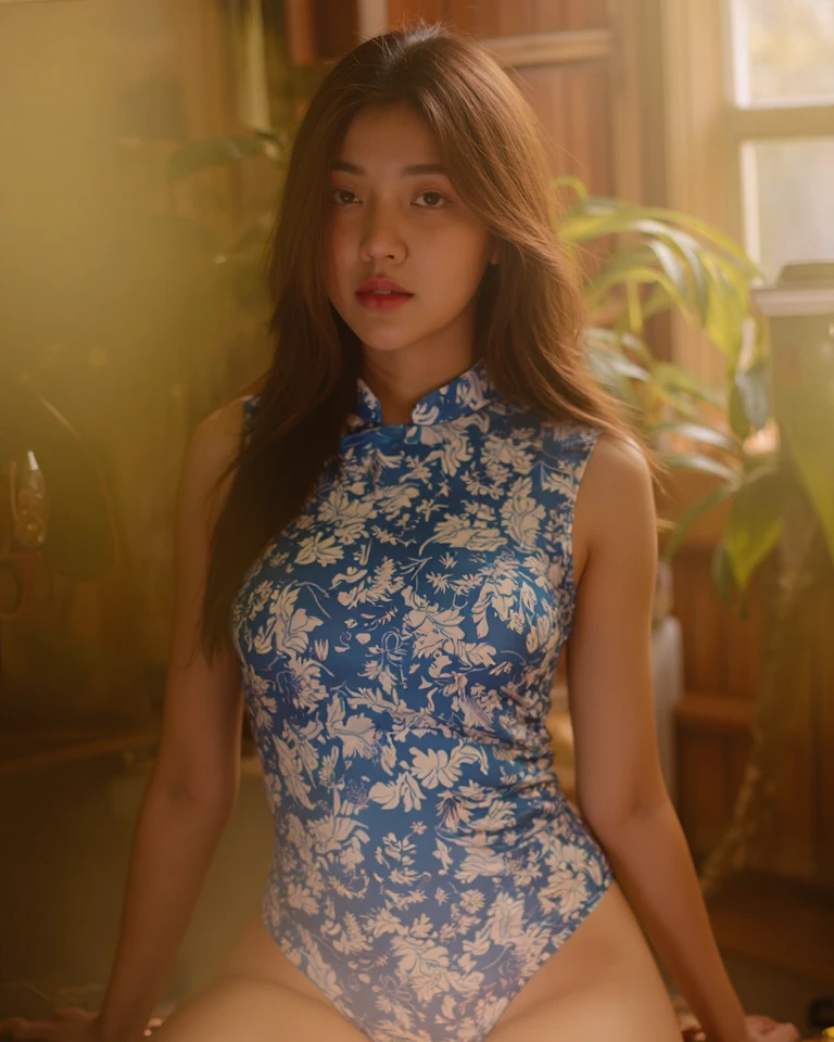 A young korean woman long hair look at camera, smirk, wearing blue and white patterned cheongsam leotard , pose, A wood room, plant, vintage things, sun light,