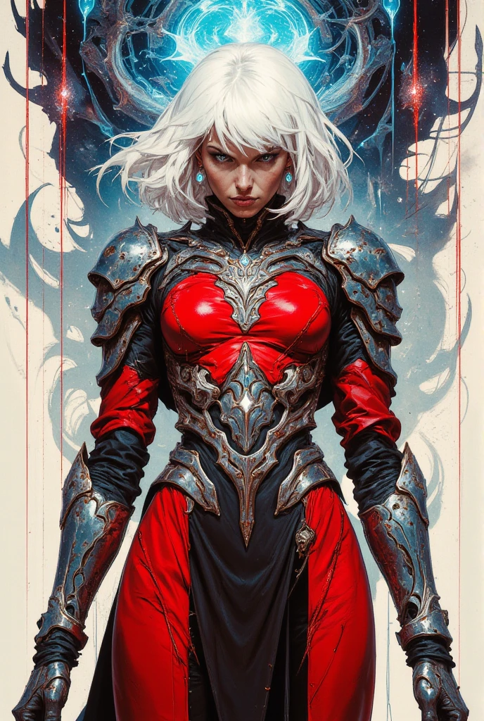 masterpiece, high-quality, A cybernetic woman in sleek red and black armor, her short white hair contrasting sharply with her intense gaze, Her armor is streamlined with metallic accents and a translucent larger image of herself looms behind as if showing her inner power, neon reflections, minimalistic composition, (elaborate fine details:1.1), (hyperdetailed:1.1), (intricate details:1.0), (Refined details:1.1), (best quality:1.1), (high resolution:1.2),