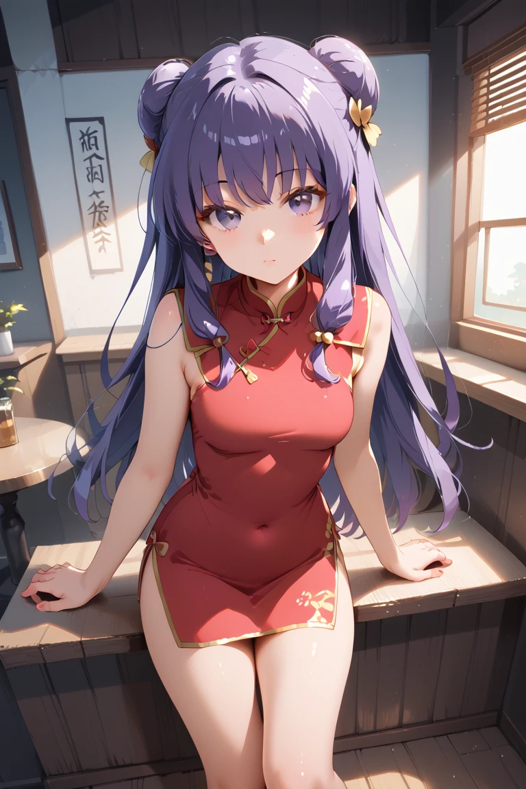 A highly detailed and high resolution image of "Shampoo" [from Ranma 1/2]; Chinese girl with long purple hair and twin buns; cute, hair ornament; a ((red)) Chinese red qipao (red cheongsam) (紅長衫) dress, purple eyes; bare arms; Bare legs; she is serving food inside of a busy Chinese restaurant in the background; break: quality\(8k,wallpaper of extremely detailed CG unit, high resolution, top-quality, top-quality real texture skin, hyper realistic, increase the resolution, RAW photos, best quality, highly detailed, the wallpaper, golden ratio, high saturation realism, vibrant colors, dramatic lighting, persuasive storytelling, atmospheric scenery, captivating visuals, intricate details, strong emotions, dreamlike world\),(dynamic angle:1.4)