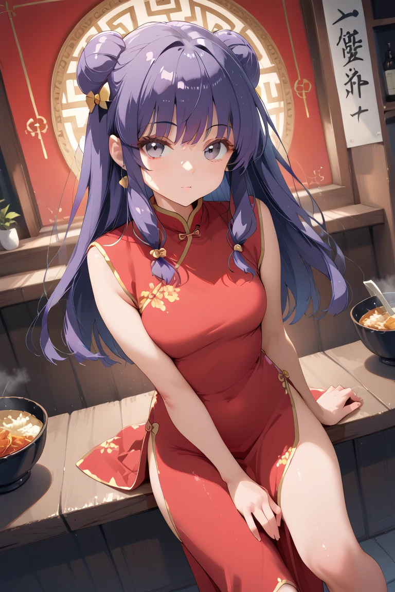 A highly detailed and high resolution image of "Shampoo" [from Ranma 1/2]; Chinese girl with long purple hair and twin buns; cute, hair ornament; a ((red)) Chinese red qipao (red cheongsam) (紅長衫) dress, purple eyes; bare arms; Bare legs; she is serving food inside of a busy Chinese restaurant in the background; break: quality\(8k,wallpaper of extremely detailed CG unit, high resolution, top-quality, top-quality real texture skin, hyper realistic, increase the resolution, RAW photos, best quality, highly detailed, the wallpaper, golden ratio, high saturation realism, vibrant colors, dramatic lighting, persuasive storytelling, atmospheric scenery, captivating visuals, intricate details, strong emotions, dreamlike world\),(dynamic angle:1.4)