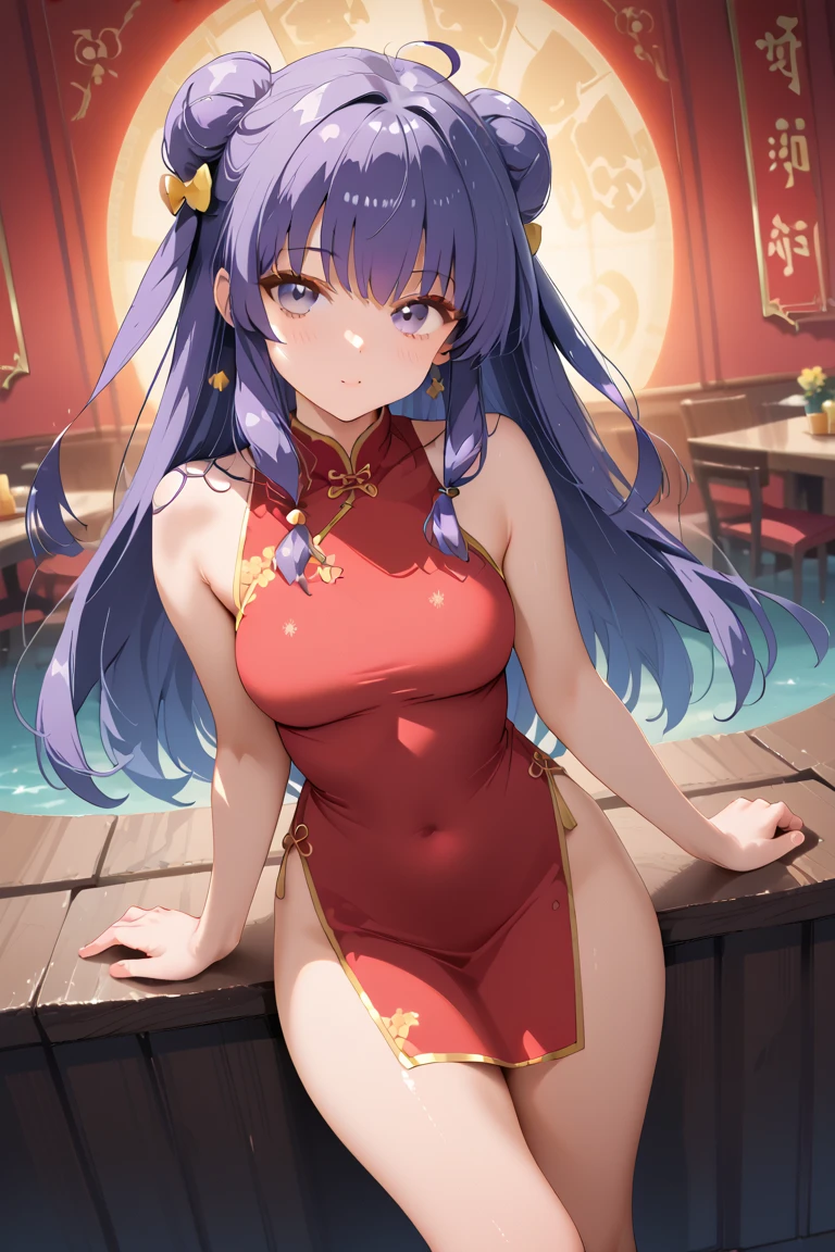 A highly detailed and high resolution image of "Shampoo" [from Ranma 1/2]; Chinese girl with long purple hair and twin buns; cute, hair ornament; a ((red)) Chinese red qipao (red cheongsam) (紅長衫) dress, purple eyes; bare arms; Bare legs; she is serving food inside of a busy Chinese restaurant in the background; break: quality\(8k,wallpaper of extremely detailed CG unit, high resolution, top-quality, top-quality real texture skin, hyper realistic, increase the resolution, RAW photos, best quality, highly detailed, the wallpaper, golden ratio, high saturation realism, vibrant colors, dramatic lighting, persuasive storytelling, atmospheric scenery, captivating visuals, intricate details, strong emotions, dreamlike world\),(dynamic angle:1.4)