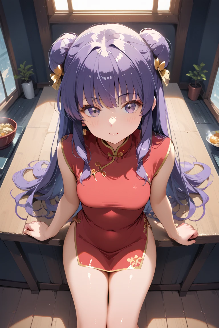 A highly detailed and high resolution image of "Shampoo" [from Ranma 1/2]; Chinese girl with long purple hair and twin buns; cute, hair ornament; a ((red)) Chinese red qipao (red cheongsam) (紅長衫) dress, purple eyes; bare arms; Bare legs; she is serving food inside of a busy Chinese restaurant in the background; break: quality\(8k,wallpaper of extremely detailed CG unit, high resolution, top-quality, top-quality real texture skin, hyper realistic, increase the resolution, RAW photos, best quality, highly detailed, the wallpaper, golden ratio, high saturation realism, vibrant colors, dramatic lighting, persuasive storytelling, atmospheric scenery, captivating visuals, intricate details, strong emotions, dreamlike world\),(dynamic angle:1.4)