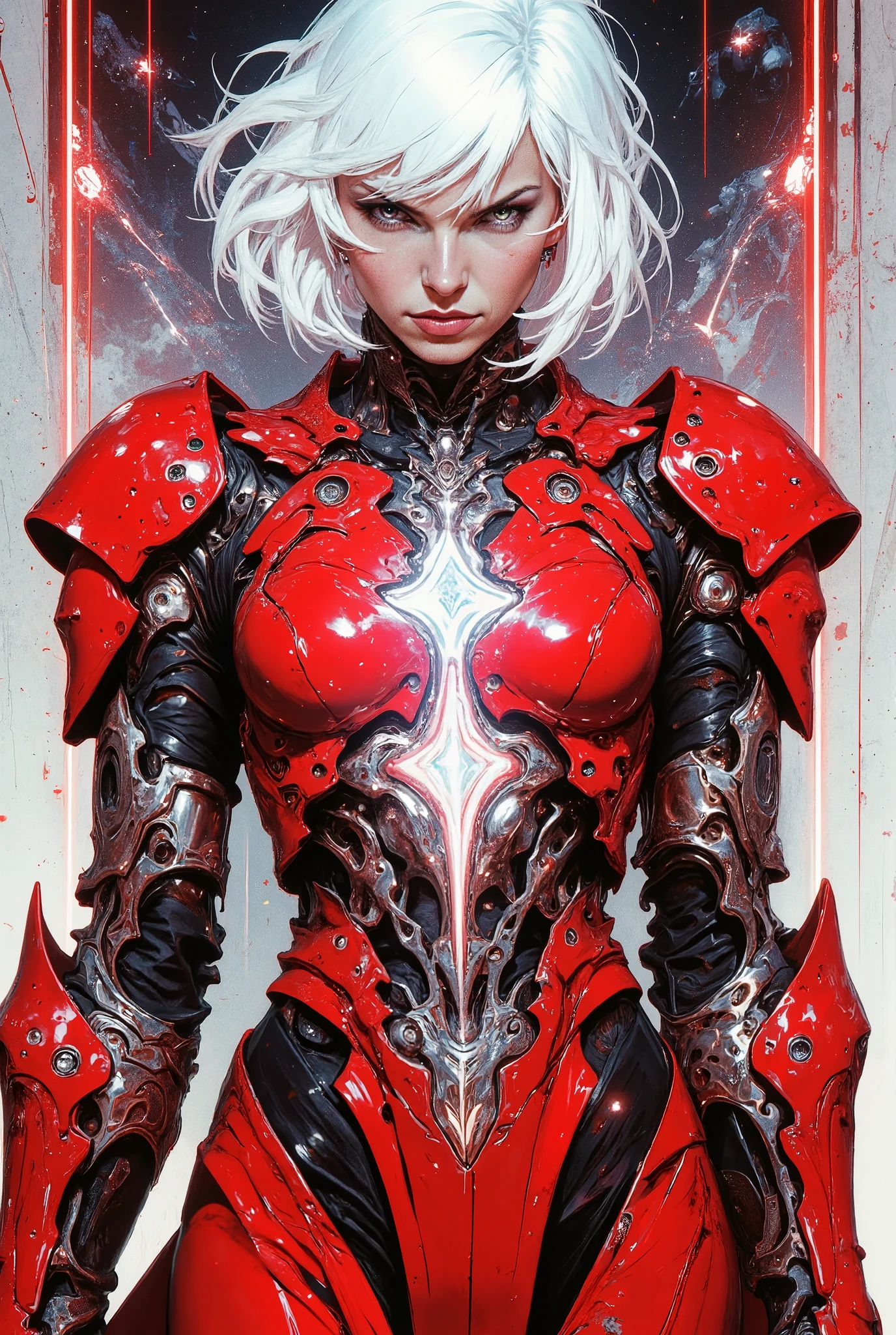 masterpiece, high-quality, A cybernetic woman in sleek red and black armor, her short white hair contrasting sharply with her intense gaze, Her armor is streamlined with metallic accents and a translucent larger image of herself looms behind as if showing her inner power, neon reflections, minimalistic composition, (elaborate fine details:1.1), (hyperdetailed:1.1), (intricate details:1.0), (Refined details:1.1), (best quality:1.1), (high resolution:1.2),