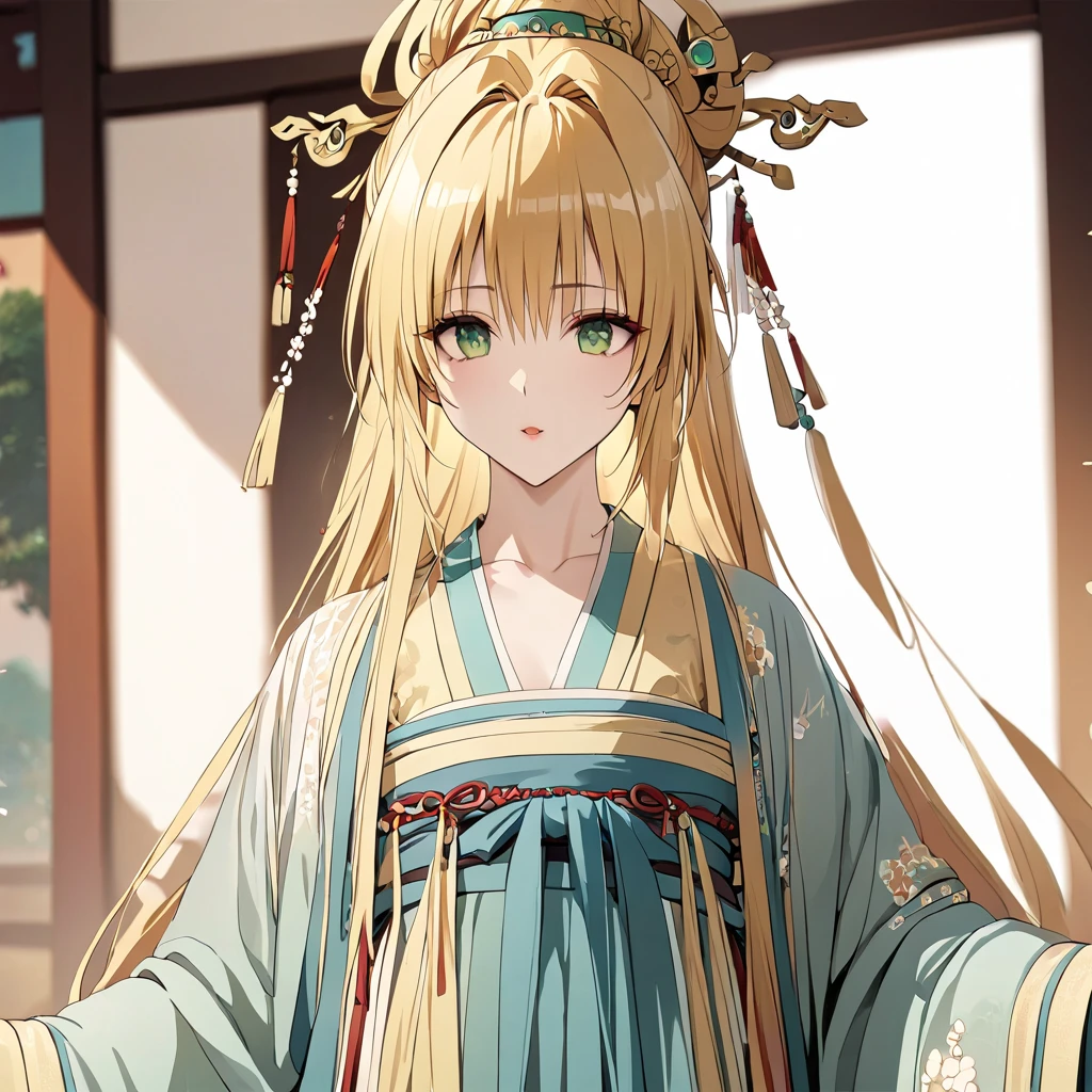 (( top quality )), ((masterpiece)), ( Details), （perfect face）、Blonde and green-eyed Tiayu Lunatique wears ancient Chinese Hanfu