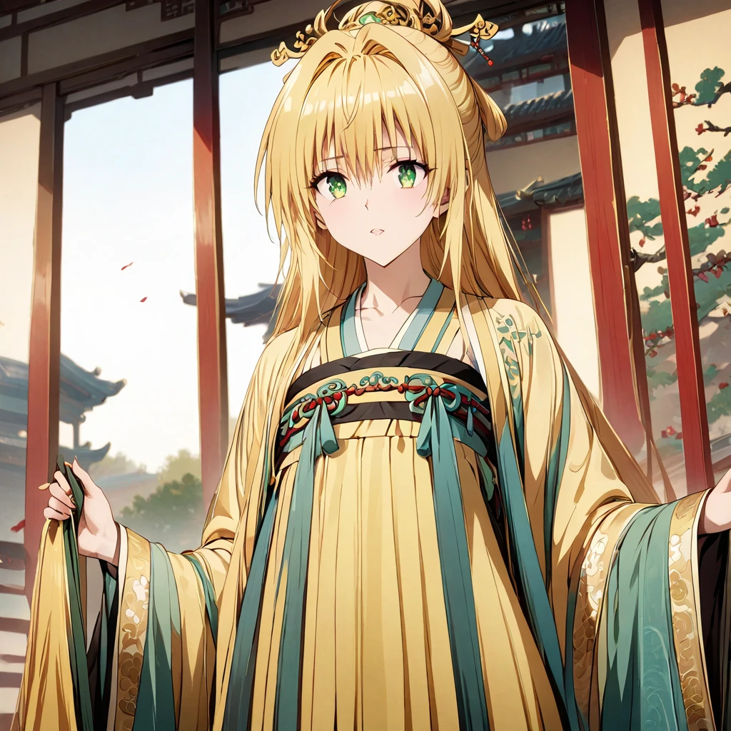 (( top quality )), ((masterpiece)), ( Details), （perfect face）、Blonde and green-eyed Tiayu Lunatique wears ancient Chinese Hanfu