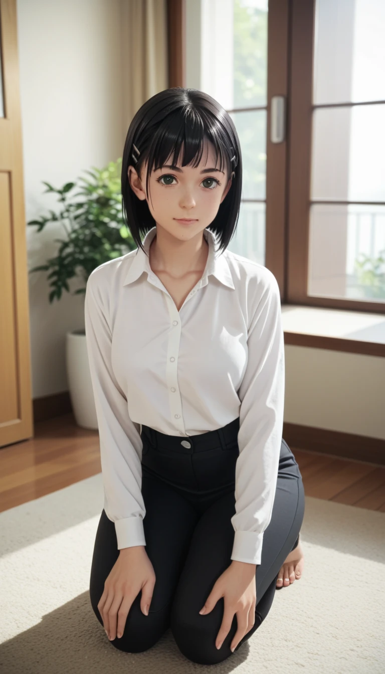 1girl, (Suguha Kirigaya), black hair, green eyes,  white barrette, short hair, white shirt, black trousers, tight trousers, source_anime, kneeling, thick thighs 