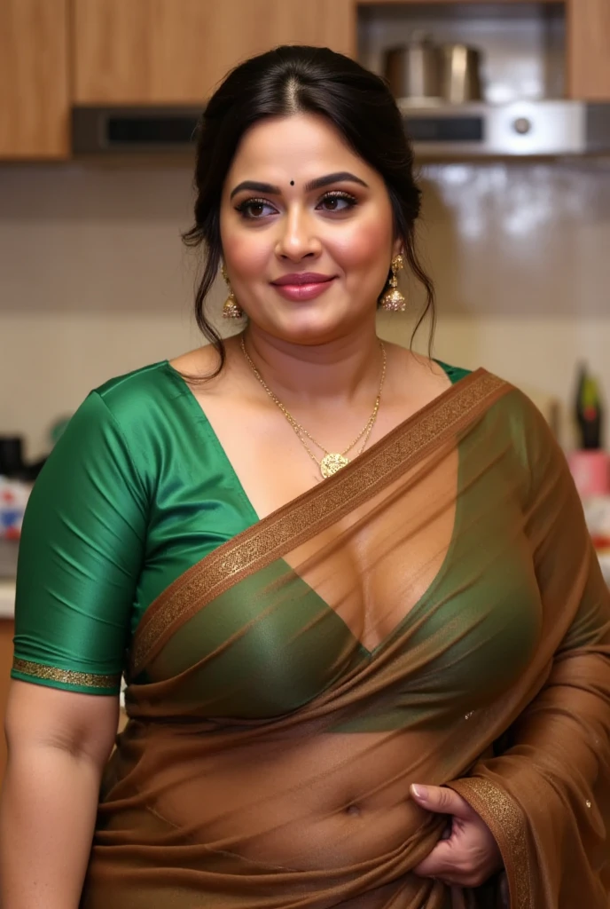 Hd realistic photo of Voluptuous Mature Indian desi Aunty with dusky skin, wearing very deep low neck green shining silk blouse and reflective glossy shining brown transparent Saree, showing her large  Cleavage and navel,nipples projection over blouse,Red Sindoor on her forehead, Hair messed up, nice curves, standing in a beautiful kitchen,red lips,big breast, huge breast, big ass, huge ass, big thighs, bulging ass, full body image,side view of women

Her hair is neatly pulled back into a bun. She accessorizes with simple gold jewelry, including a gold chain with a love symbol locket and matching earrings.