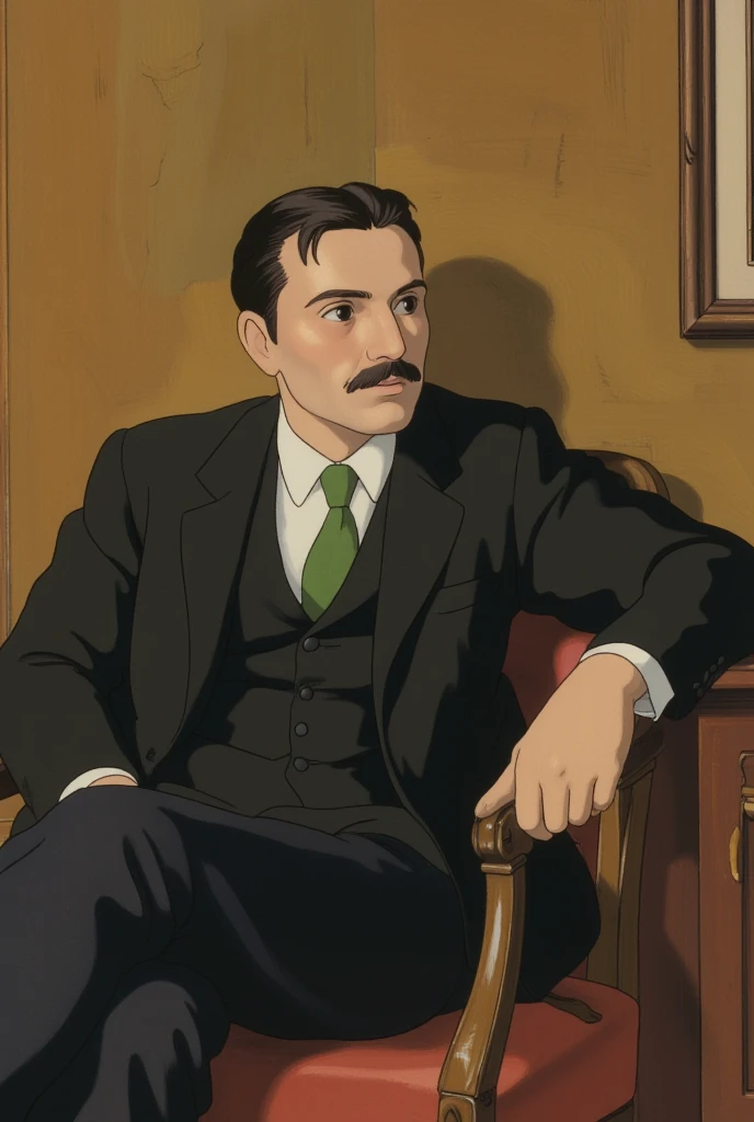 A classic, impressionist-style portrait of a sophisticated man seated in a relaxed pose, wearing a black suit with a green tie and a white shirt. He has a contemplative expression, with neatly combed dark hair and a mustache. The background is a warm, muted tone that complements the figure, painted with soft brushstrokes for an elegant and timeless aesthetic.