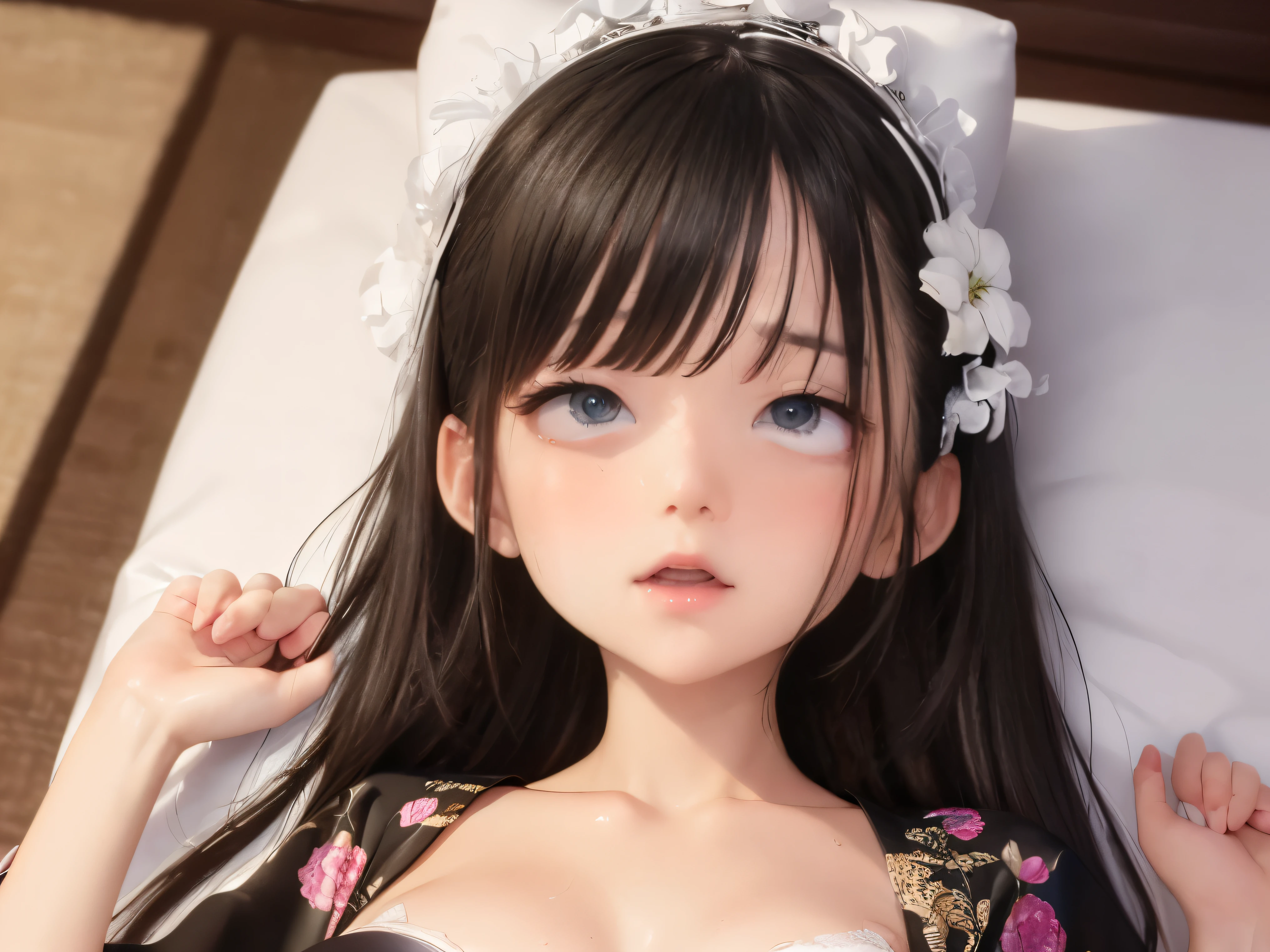 ( Masterpiece : 1.3), (Maximum resolution: 1.2), ( Ultra HD TV : 1.2), Cinematic Light, 8k resolution, Detailed Facial Features , ( Sharp Focus: 1.2), ( focus on the face:1.2), perfect style, beautiful faces, Acura, anatomically accurate, High Definition Face and Skin Textures, beautiful eyes , beautiful eyes , thin eyebrows, natural blush, glowing skin , white skin: 1.2, ( glossy lips : 1.4),、 ( embarrassing looks : 1.2), High Definition Face and Skin Textures, natural blush, glossy lips : 1.4, perfect style、 clevis on a stone、 soft breasts、( Cum on chest:1.4)(Cum on thighs 1.2), Sweaty 、 humiliating expression 、 frightened expression 、 embarrassing looks 、tears、Open your knees、 feet 、 white underwear、 Disheveled clothes 、 sweaty 、Thin underwear、 、 clear , A well-groomed young woman,1 person、Baby、 Chest Facing Up , Western-style room、Late Night、 beautiful eyes 、( kimono:1.3)、Strip clothes 、 、On the futon、(仰向けで布団に lies down、 lies down、White sheets:1.7) styled hair 、 small breasts、 small tits、 I'm raising my hands above my head、Armpits are visible、very long black hair,face focus