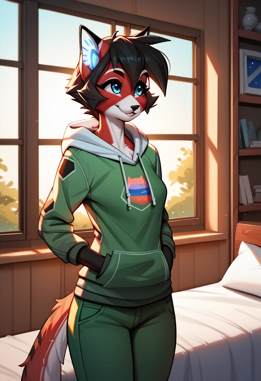 score_9, score_8_up, score_7_up, score_6_up, score_5_up, score_4_up, source_furry, a female anthro fluffy, solo, female, ara, furry, cat girl, bed with space print blanket, standing close with bed, In modern house, light blush, black hoodie, black-green pants, very fluffy, window, sunshafts, lighting, smiling