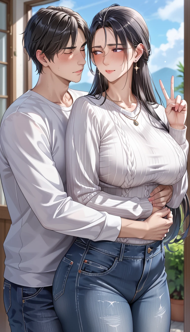 source realistic, couples after insertion、Mother and  ****** boy 、Clothing、 with incredibly big breasts、Heavy chest、 very big butt、Glamour、 chubby、 plump 、 black hair、Puzzled、blush、sweating、 V neck sweater、jeans、Small wrinkles around the mouth 、 small wrinkles around the eyes 、 boy hugging a woman from behind、upper body、looking away, masterpiece, anatomically correct, super detail, high details, high quality, best quality, highres, 8k
