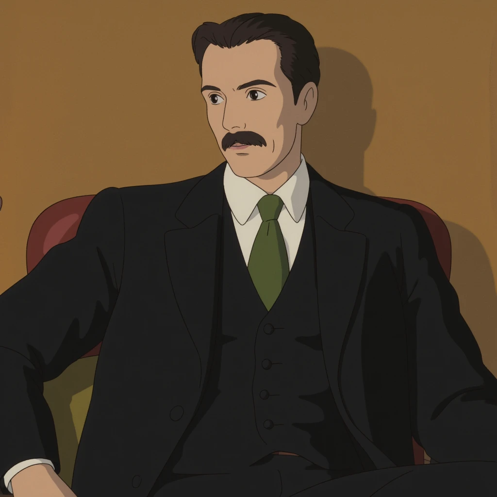 A classic, impressionist-style portrait of a sophisticated man seated in a relaxed pose, wearing a black suit with a green tie and a white shirt. He has a contemplative expression, with neatly combed dark hair and a mustache. The background is a warm, muted tone that complements the figure, painted with soft brushstrokes for an elegant and timeless aesthetic.