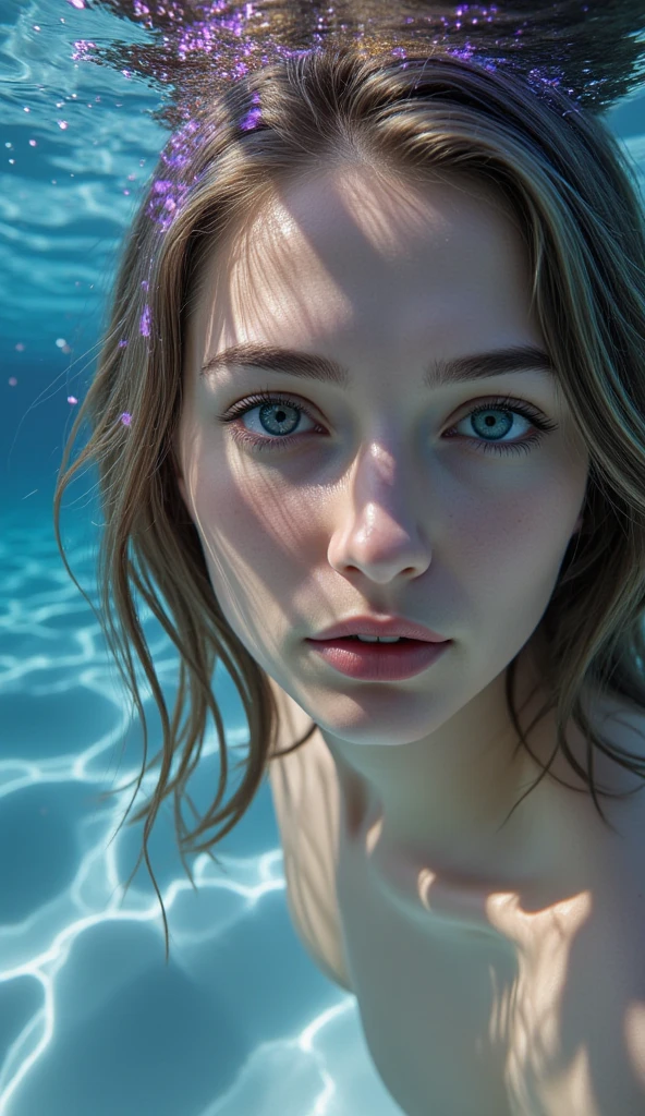 masterpiece, photo realistic, group profile of Young Woman, swimming underwater, purple top, bare shoulders, beautiful girl face, natural detailed hair movement underwater, air bubbles Professional Majestic Oil Painting by Ed Blinkey, Atey Ghailan, Studio Ghibli, by Jeremy Mann, Greg Manchess, Antonio Moro, Trending on ArtStation, Trending on CGSociety, Intricate, High Detail, Sharp Focus, Dramatic, Photorealistic Painting, art by Midjourney and Greg Rutkowski