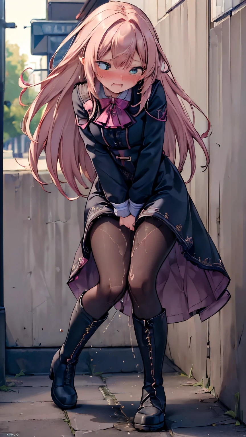 (8K, ultra-detailed, best quality, anatomically perfect figure:2), (beautiful middle breast), shiny skin, (have to pee, shaking with the effort to hold pee), (desperate urge to pee), (very desperate to pee), (her bladder is at its limit, unable to hold pee:1.2), (Standing:1.3), (peeing self:0.2), (flared long dress, pantyhose, ankle boots:1.3), (Untidy hair:1.4), (She rubbing her crotch very hard:1.8), (arch backward:1.5), (jiggled:1.7), (anxious foot hopping:1.6), (twisting and turning whole body:1.8), (shifting hips nervously:1.4), (panting heavily), (orgasm:1.5), (full face blush:1.7), (embarrassment:1.4), (impatience:1.8), (flustered:1.5), breathless, (Humiliation), (turn on), (closed eyes:0.9), (arousal), (head tilt), (slightly open mouth:0.8), (desperate face), (SIGMA 105 mm F/2.8, 1/100 sec shutter, award-winning), brought her to the restroom on the street, (ultra-detailed face:1.2), (from side:0.7), nsfw,