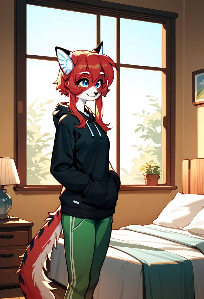 score_9, score_8_up, score_7_up, score_6_up, score_5_up, score_4_up, source_furry, a female anthro fluffy, solo, female, ara, furry, cat girl, lime bed, standing close with bed, In modern house, light blush, black hoodie, black-green pants, very fluffy, window, sunshafts, lighting, smiling