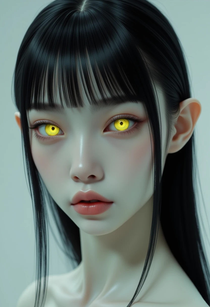 The image is a highly detailed, digital artwork in a realistic CGI style, showcasing a close-up portrait of a person with an androgynous appearance. The subject has pale, almost translucent skin and striking, almond-shaped eyes with an unnatural, glowing yellow color, giving them a piercing and otherworldly appearance. Their facial features are sharp and angular, with high cheekbones and a thin, straight nose. The person has a straight, blunt-cut black hair with bangs, framing their face.