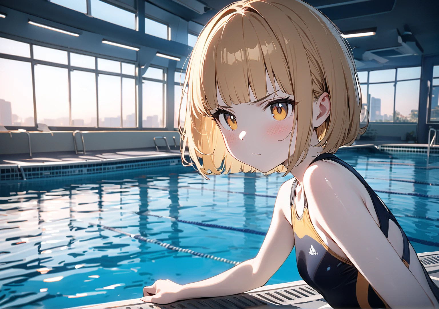 Yellow-haired girl swimming in pool