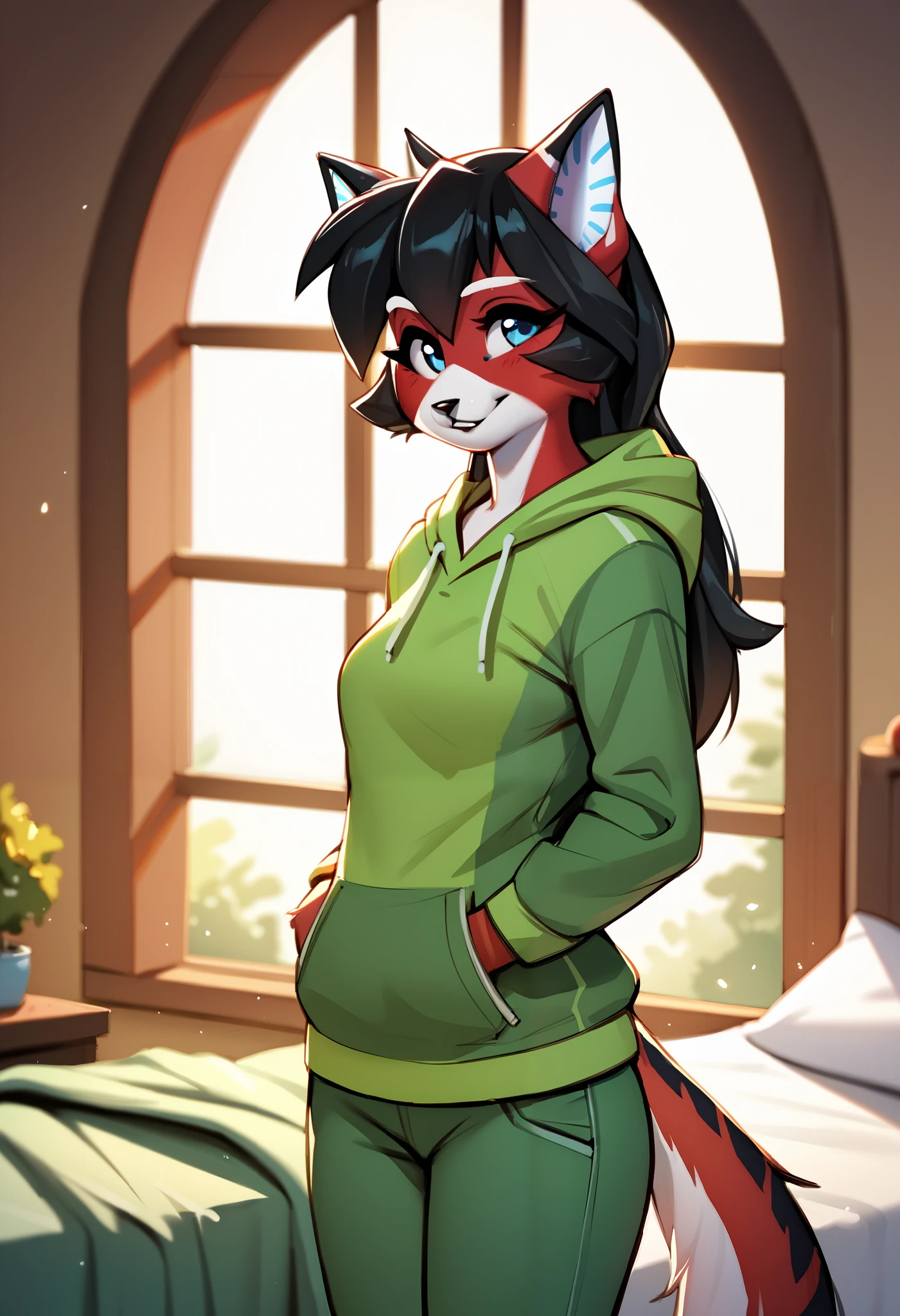 score_9, score_8_up, score_7_up, score_6_up, score_5_up, score_4_up, source_furry, a female anthro fluffy, solo, female, ara, black hair, furry, cat girl, lime bed, standing close with bed, In modern house, light blush, black hoodie, black-green pants, very fluffy, window, sunshafts, lighting, smiling