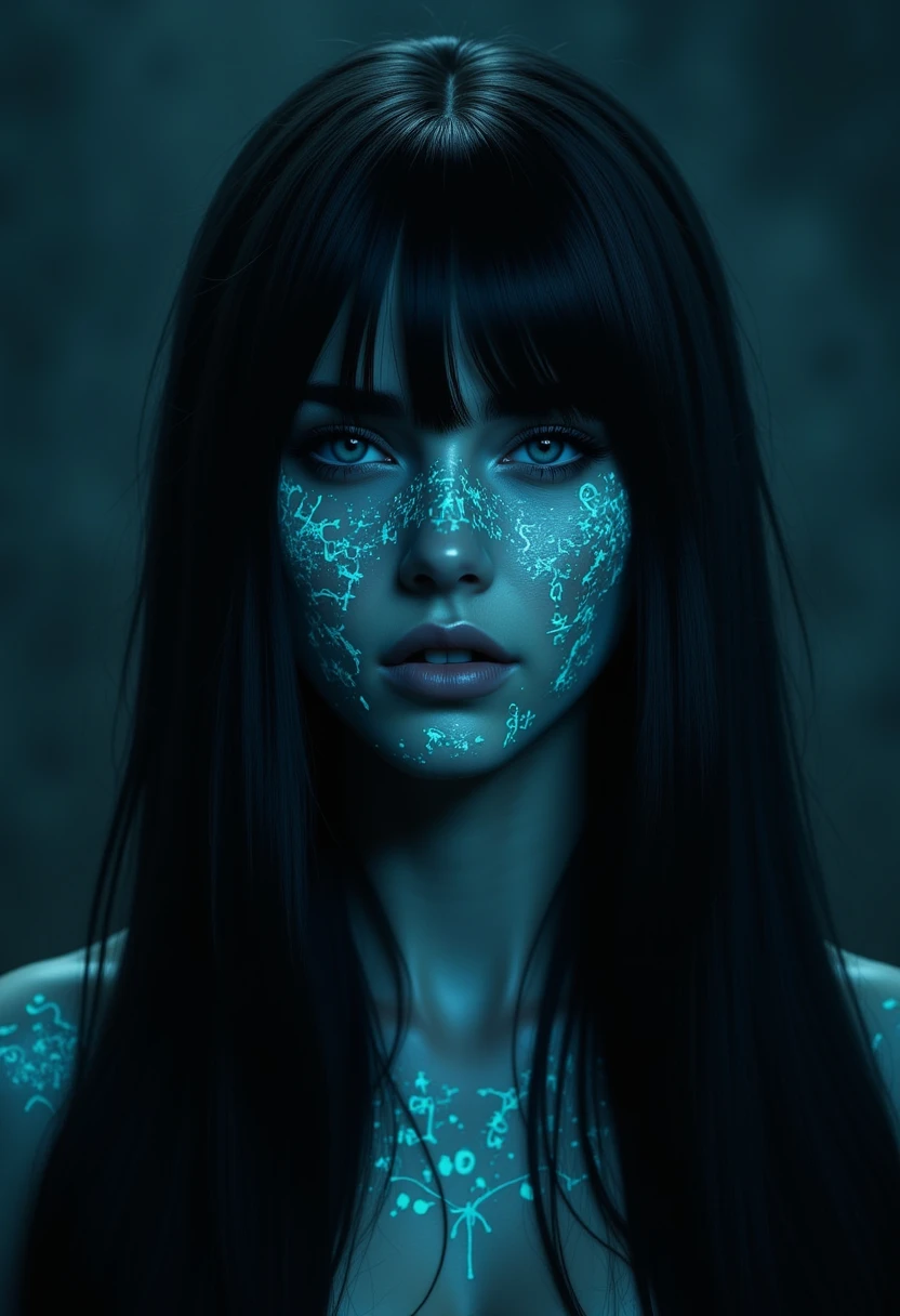 The image is a digital artwork featuring a dark, ethereal portrait of a person with a striking, otherworldly appearance. The subject is a woman with long, dark hair that falls straight and wet-looking, with bangs framing her face. Her skin is a light, almost ghostly complexion, and she has numerous, intricate, glowing blue markings or tattoos on her face, which seem to be in a language or script that is not immediately decipherable.