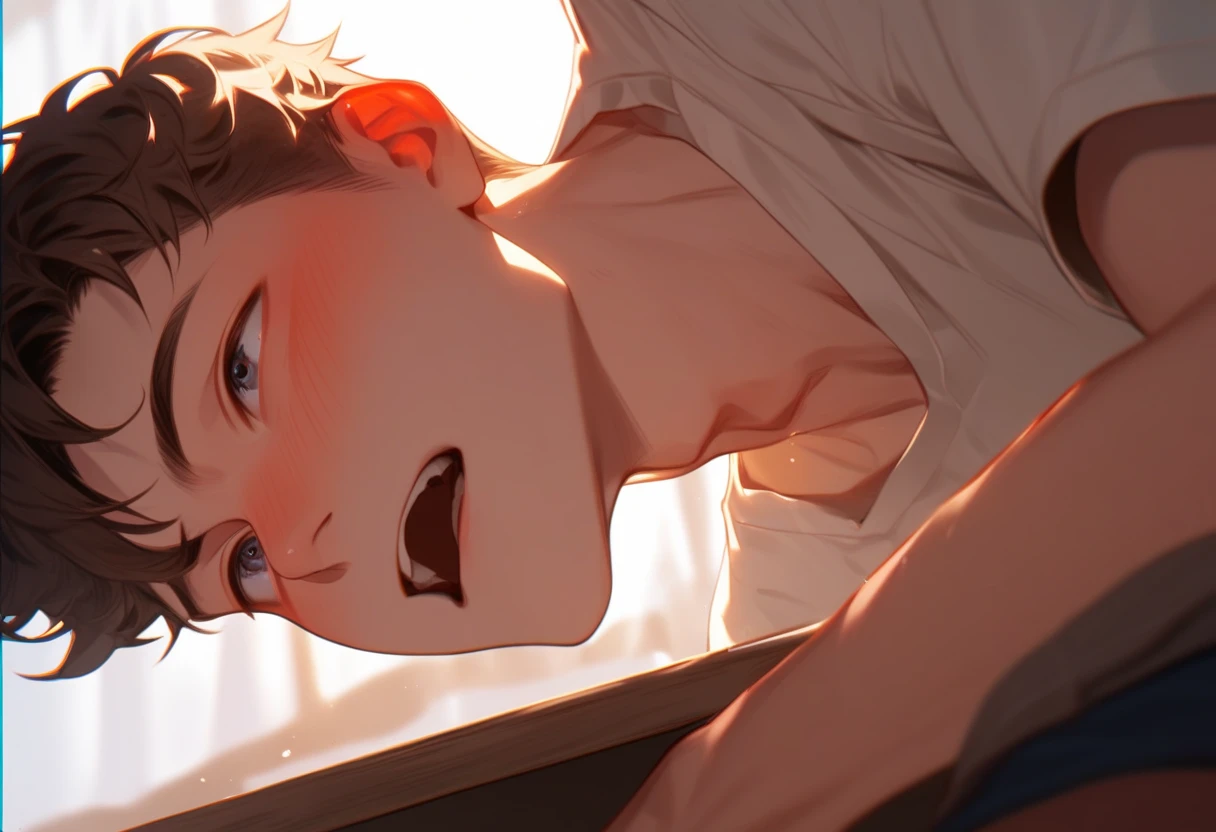 In the classroom， lying on the table， the sun shines on him， Korean comic style ，A male classmate reclining at the table， he looks up at the camera ，Young and energetic， is in good shape ， smooth skin ， a handsome face and a small face ，Gasp ， blush,An 18-year-old boy ，Beautiful eyes， Glamorous Eyes 