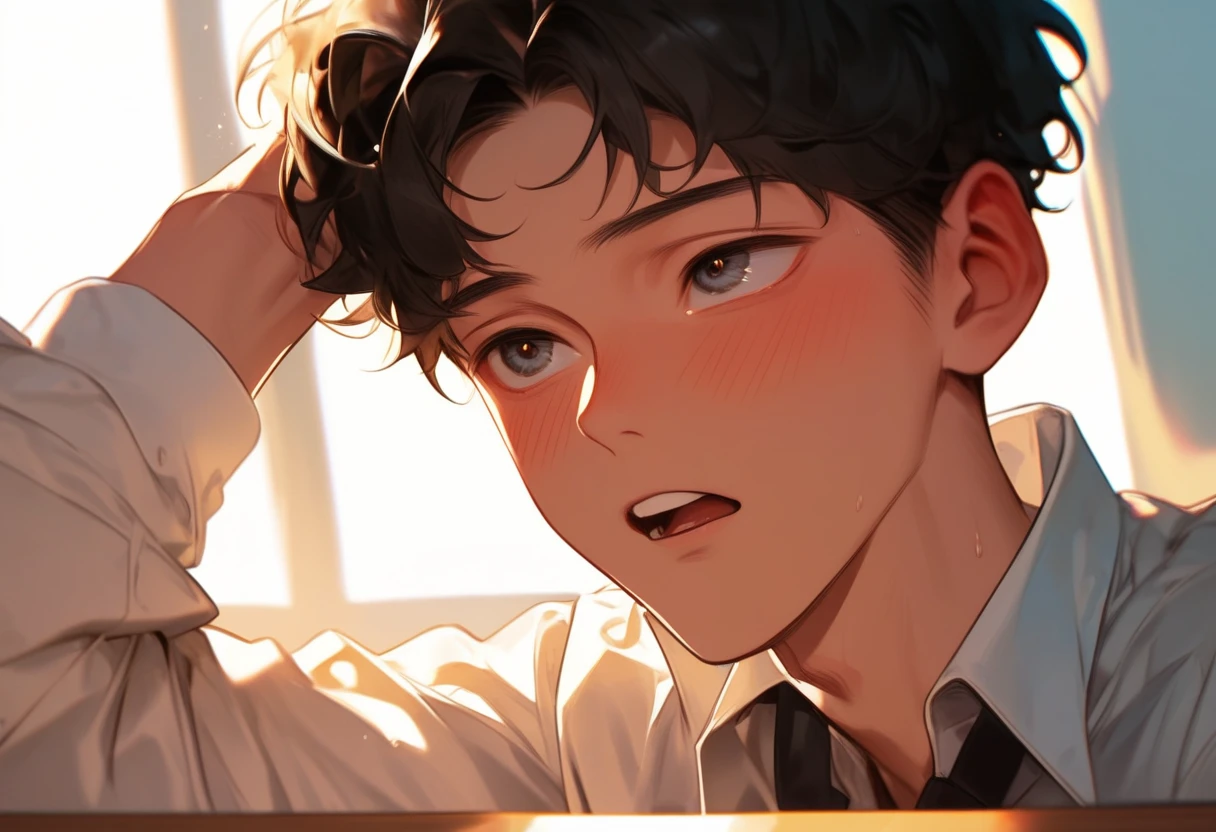 In the classroom， lying on the table， the sun shines on him， Korean comic style ，A male classmate reclining at the table， he looks up at the camera ，Young and energetic， is in good shape ， smooth skin ， a handsome face and a small face ，Gasp ， blush,An 18-year-old boy ，Beautiful eyes， Glamorous Eyes 