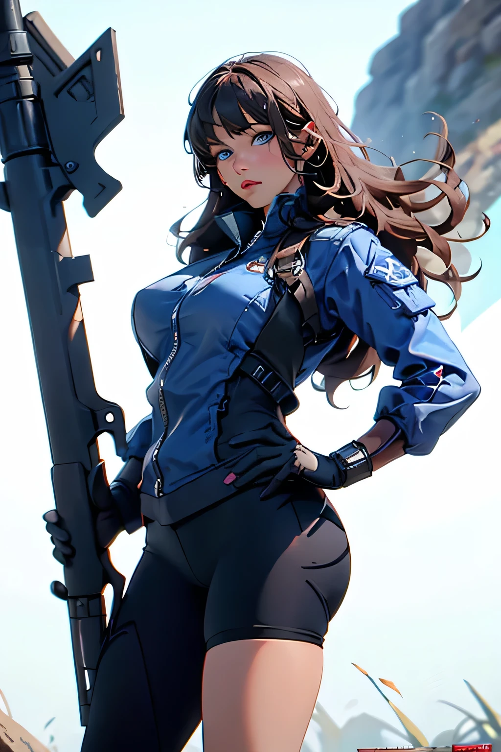 movie poster .action . Beautiful woman . She is 25 years old . height 180 centimeters . Breast size 3 . blue eyes . brown-haired . She has a gun in her hands .
