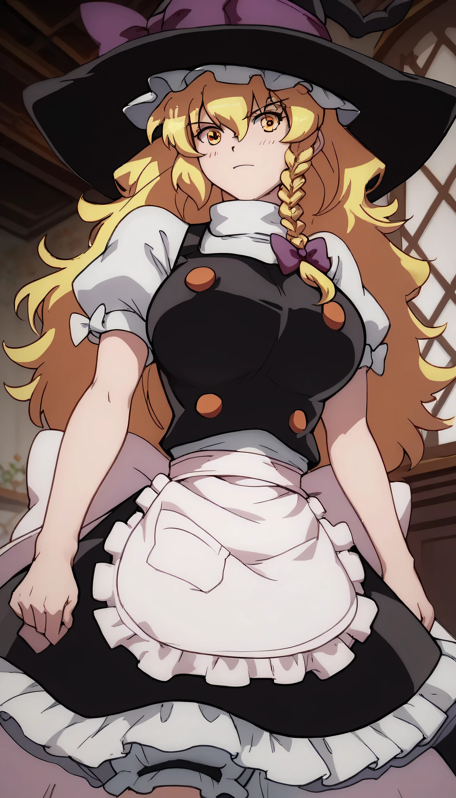 huge_breasts, ,, day, ,,Marisa
apron, bloomers, underwear,bow, hat, hat bow, waist apron, witch hat
