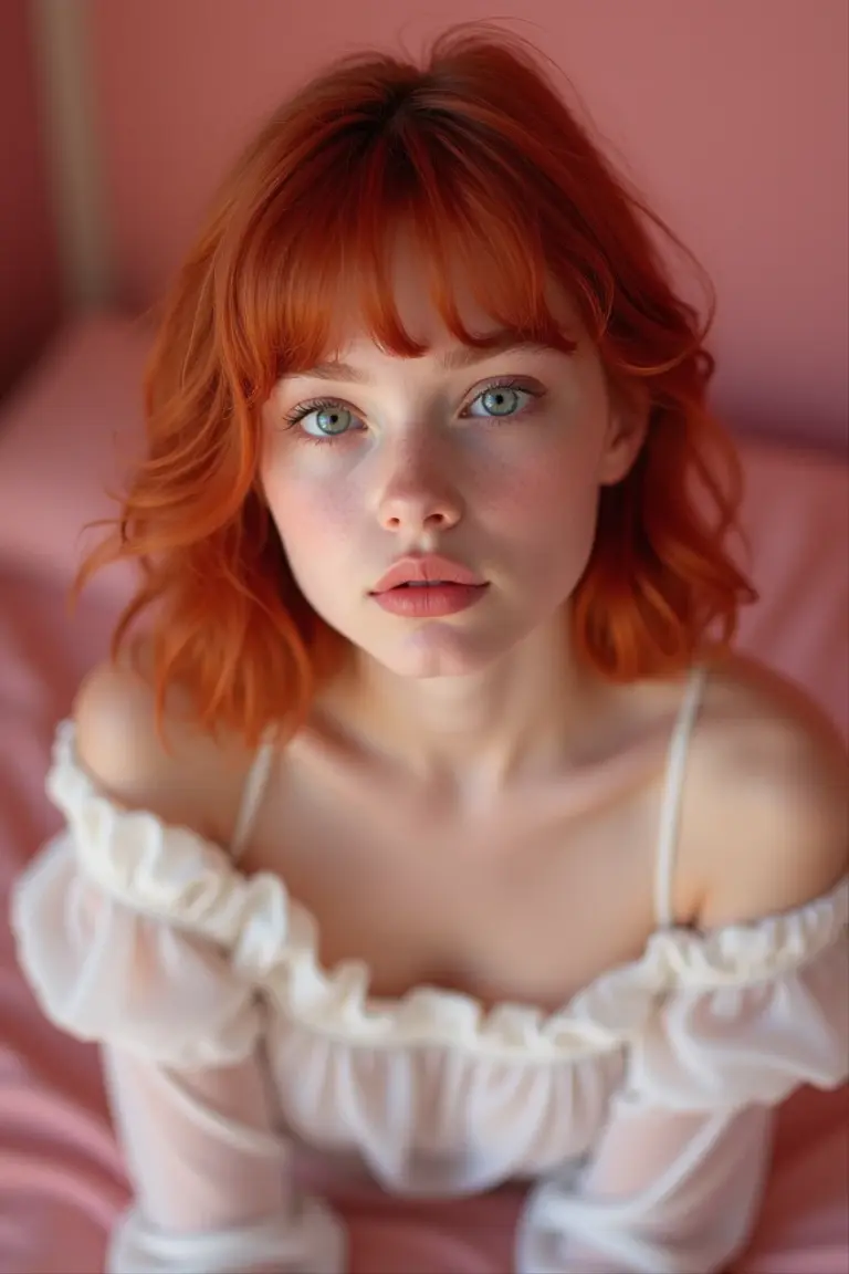 , short hair, blue eyes, white skin, freckles on her skin, red hair, upturned nose. No clothes, small breasts, pink nipples, vagina opened with fingers.