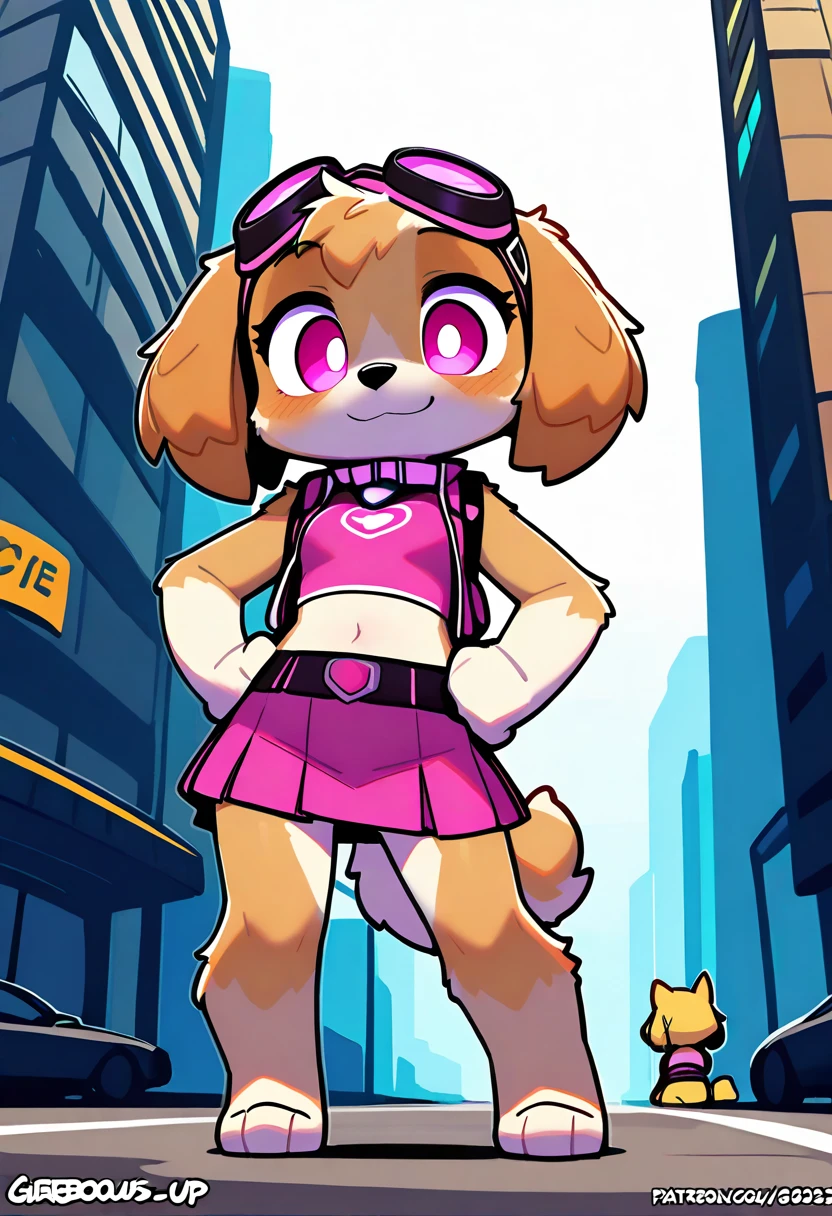 score_9, score_8_up, score_7_up, score_6_up, score_5_up, score_4_up, Skye, dog, young, furry female, anthro, body fur, small breasts, ((goggles, pink pilot hat, Skye collar, pink top, midriff, pink mini skirt)), detailed body fur, detailed face, detailed eyes, glistering body, shiny body, gorgeous body, masterpiece, full body, feets with three toes, 3 toes, standing, :3, athletic body, looking at you, street city, clear sky, hands on hips,